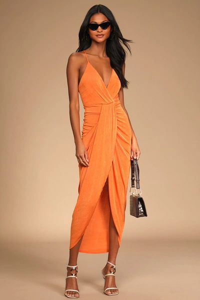 Lulus Dreamy Date Orange Surplice Midi Dress