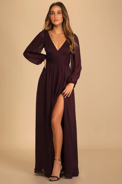 Lulus Enchant My Love Dark Purple V-neck Long Sleeve Maxi Dress