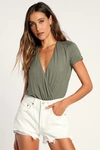 Lulus Marren Olive Green Short Sleeve Surplice Bodysuit In Olive Green