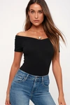 Lulus Sandpiper Black Ribbed Off-the-shoulder Bodysuit In Black