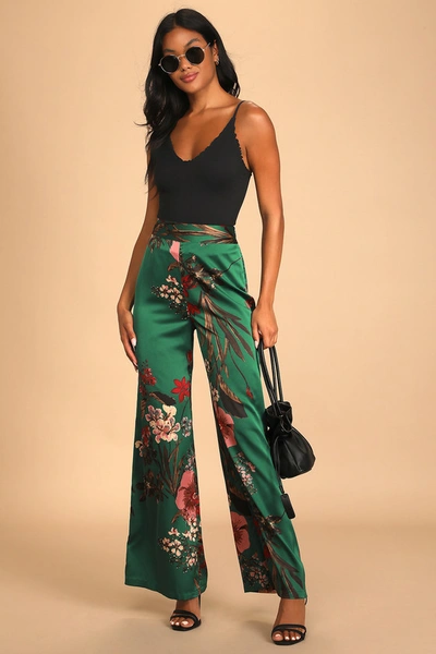 Lulus Thriving Vibes Green Floral Print Satin Wide-leg Pants