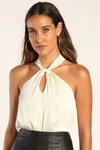 Shop Lulus Posh Attitude Ivory Satin Knotted Halter Bodysuit