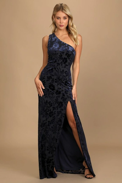 Lulus Marvelous Moi Navy Blue Burnout Velvet One-shoulder Maxi Dress