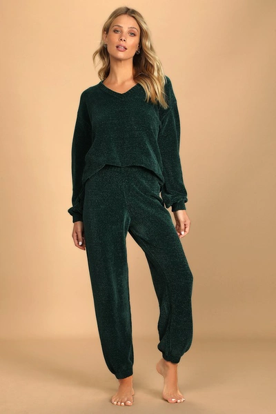 Lulus Weekend Chiller Emerald Green Chenille Knit Lounge Joggers