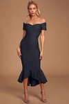 Lulus How Much I Care Off The Shoulder Dress In Midnight Blue