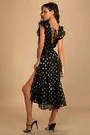 Lulus Cause To Celebrate Black And Gold Dot Ruffled Tiered Midi Dress In Black And Gold