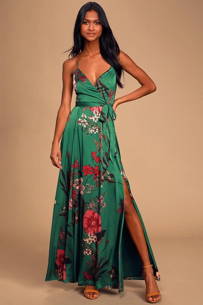 Lulus Still The One Emerald Green Floral Print Satin Maxi Dress