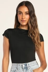Lulus Sandpiper Black Ribbed Off-the-shoulder Bodysuit In Black