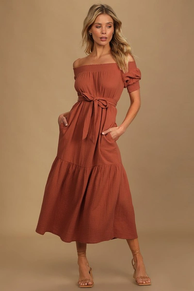 Lulus Ready For Sunshine Rust Orange Off-the-shoulder Maxi Dress