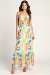 Lulus Stunning One Multi Abstract Print Drawstring Halter Midi Dress In Blue