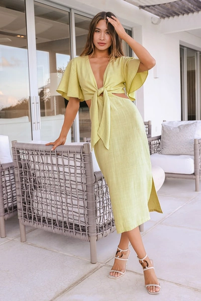 Lulus Summer Journey Light Green Tie-front Cutout Midi Dress