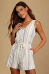LULUS FOREVER ADVENTURE LILAC MULTI STRIPED DRAWSTRING ROMPER