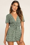 LULUS FLORALLY ADORABLE GREEN FLORAL DRAWSTRING SHORT SLEEVE ROMPER