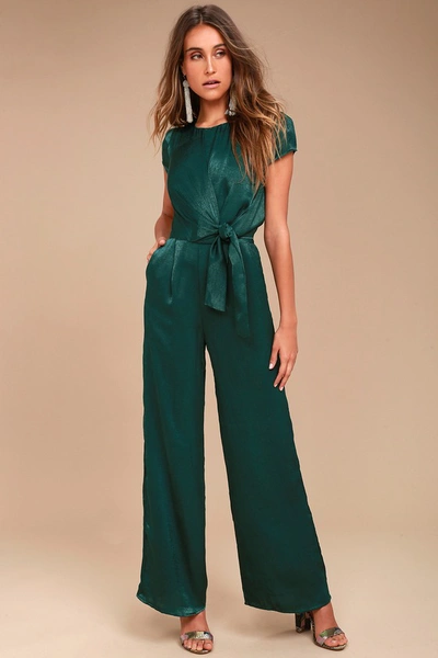 Lulus Let Me Entertain You Forest Green Satin Wide-leg Jumpsuit