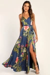 Lulus Still The One Blue Floral Print Satin Maxi Dress In Blue