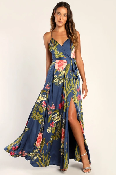 Lulus Still The One Blue Floral Print Satin Maxi Dress