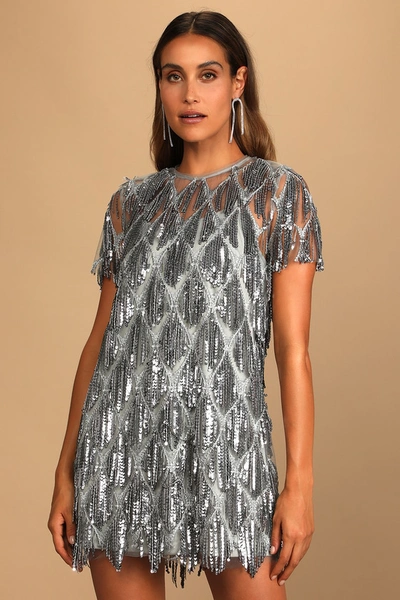 Lulus On The Dance Floor Grey Sequin Fringe Short Sleeve Shift