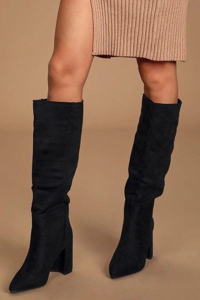 Lulus Katari Black Suede Pointed-toe Knee High High Heel Boots