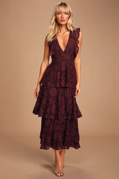 Lulus Molinetto Burgundy Lace Ruffled Tiered Sleeveless Maxi Dress