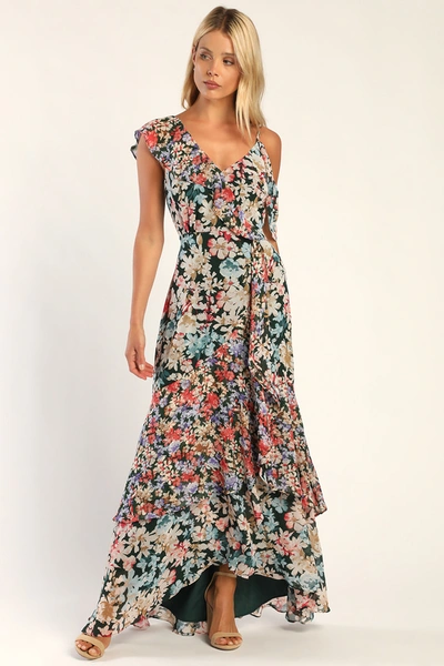 Lulus Radiant Hunter Green Floral Print Chiffon Maxi Dress