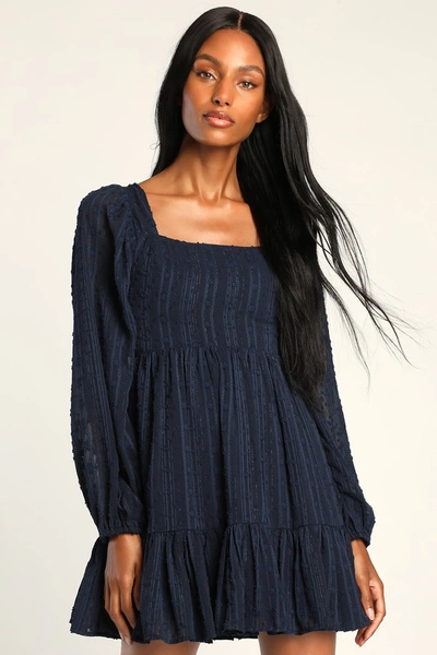 Lulus Only You And I Navy Blue Long Sleeve Tie-back Mini Skater