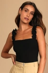 Lulus Musing About You Black Ribbed Ruffle Strap Bodysuit In Black