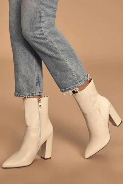 Lulus Dawson Bone Pebble Pointed-toe Mid Calf High Heel Boots In White