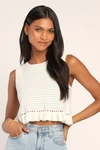 Lulus Flouncin' Around Ivory Cropped Ruffled Sweater Tank In Ivory