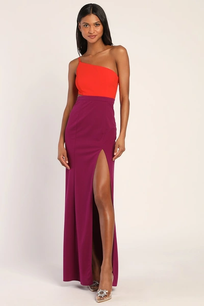 Lulus Pure Chic Red And Purple Asymmetrical One-shoulder Maxi Dress