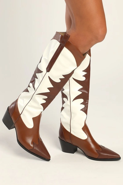Raid Raynna Tan Color Block Knee-high Western High Heel Boots