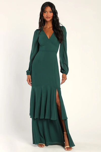 Lulus Tier Elegance Hunter Green Long Sleeve Tiered Maxi Dress