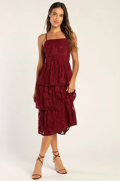 Lulus Grace And Beauty Burgundy Burnout Floral Print Tiered Dress