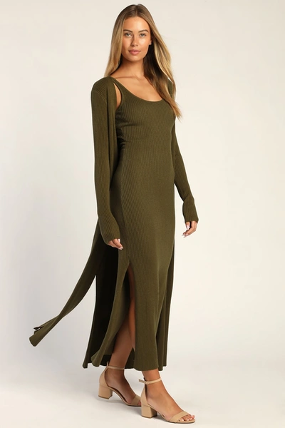 Lulus Layer Lover Olive Ribbed Knit Two-piece Dress & Cardigan Set In Green