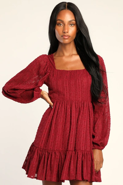 Lulus Only You And I Burgundy Long Sleeve Tie-back Mini Skater Dress