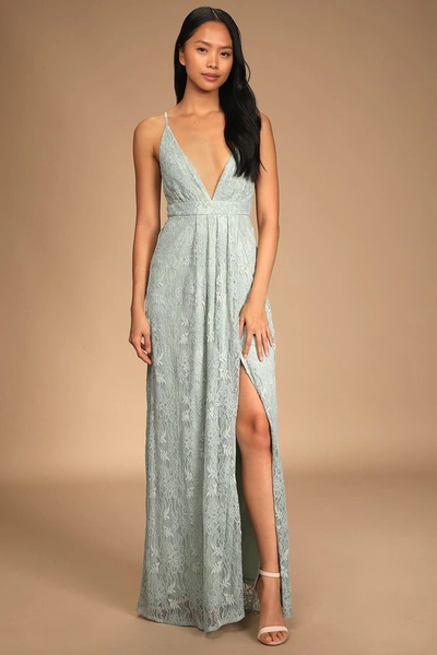Lulus Stolen Moments Mint Lace-up Lace Maxi Dress In Green