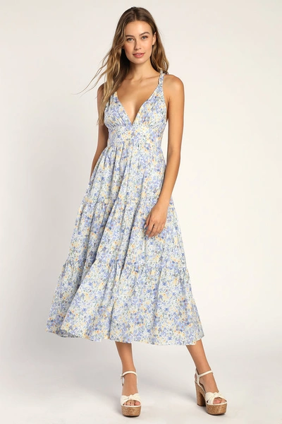 Lulus Brightly Blossoming Light Blue Floral Tiered Midi Dress