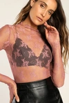 Free People Lady Lux Dusty Rose Lace Long Sleeve Mock Neck Layering Top In Dusty Rose