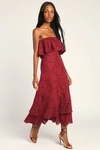 LULUS LOVE YOU SO TRULY BURGUNDY BURNOUT FLORAL STRAPLESS MIDI DRESS