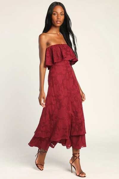 Lulus Love You So Truly Burgundy Burnout Floral Strapless Midi Dress