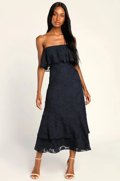Lulus Love You So Truly Navy Blue Burnout Floral Strapless Midi Dress