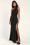 LULUS KEEP IT INTERESTING BLACK ASYMMETRICAL CUTOUT HALTER MAXI DRESS