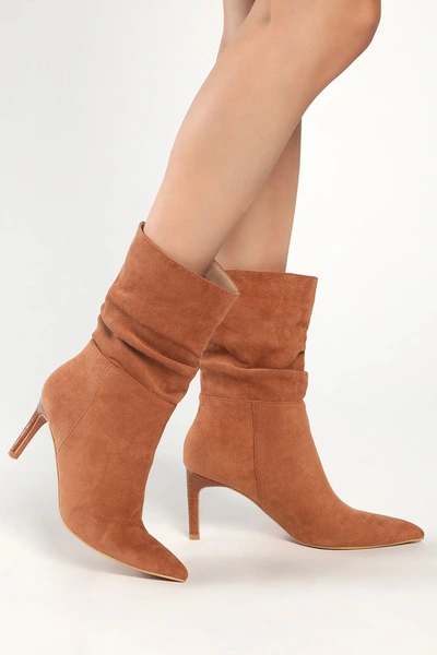 Lulus Cecilly Camel Suede Mid-calf Pointed-toe High Heel Boots In Brown