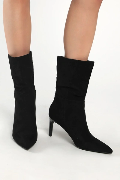 Lulus Cecilly Black Suede Mid-calf Pointed-toe High Heel Boots