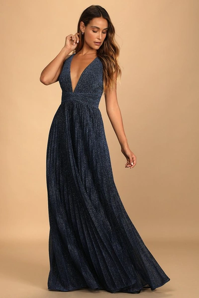 Lulus Especially Stunning Blue Sparkly Pleated Maxi Dress In Black