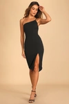 Lulus Happiest Hour Black Asymmetrical Bodycon Midi Dress In Black