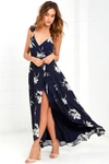Lulus All Mine Navy Blue Floral Print High-low Wrap Dress In Navy Blue