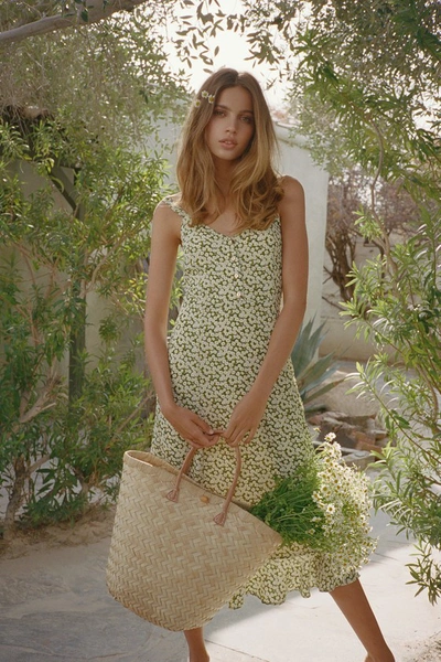 LULUS DARLING DAISIES GREEN FLORAL PRINT MIDI DRESS 