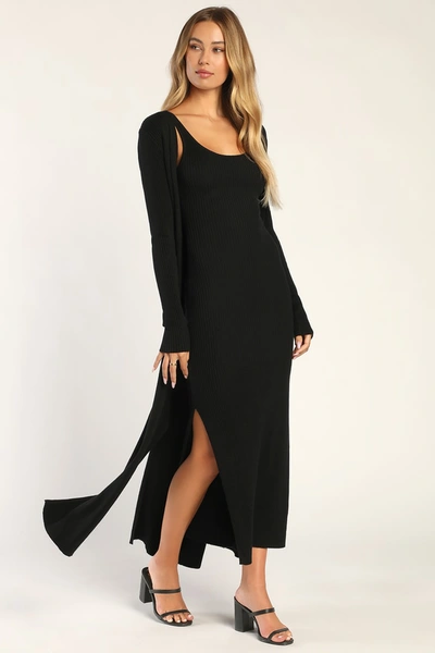 Lulus Layer Lover Black Ribbed Knit Two-piece Dress & Cardigan Set