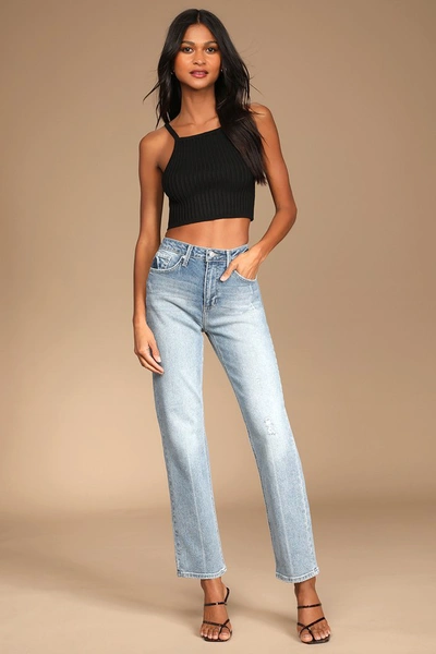 Just Black Cool Girl Style Medium Wash Straight Leg High-waisted Jeans In Blue