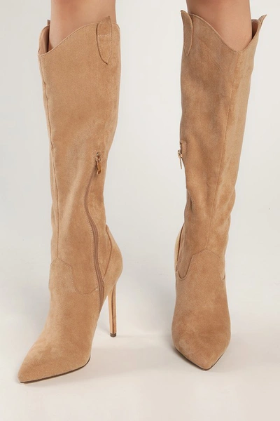 Lulus Levian Light Nude Suede Knee High Pointed-toe High Heel Boots In Beige